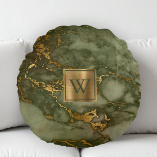 Coussins Ronds Marbre Vert Olive Monogramme Feuille d'Or Fausse