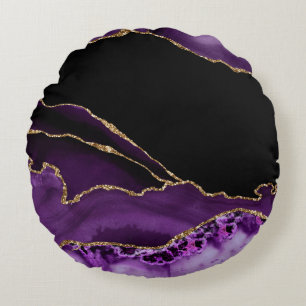 Coussins Ronds Marbre Violet Noir Agate Glamour Sombre Doré