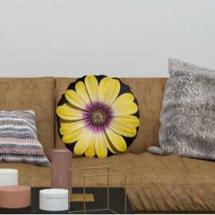 Coussins Ronds Marguerite africaine jaune sur fond floral noir