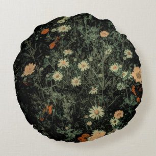 Coussins Ronds marguerite blanche bohème fleur sauvage noir flora