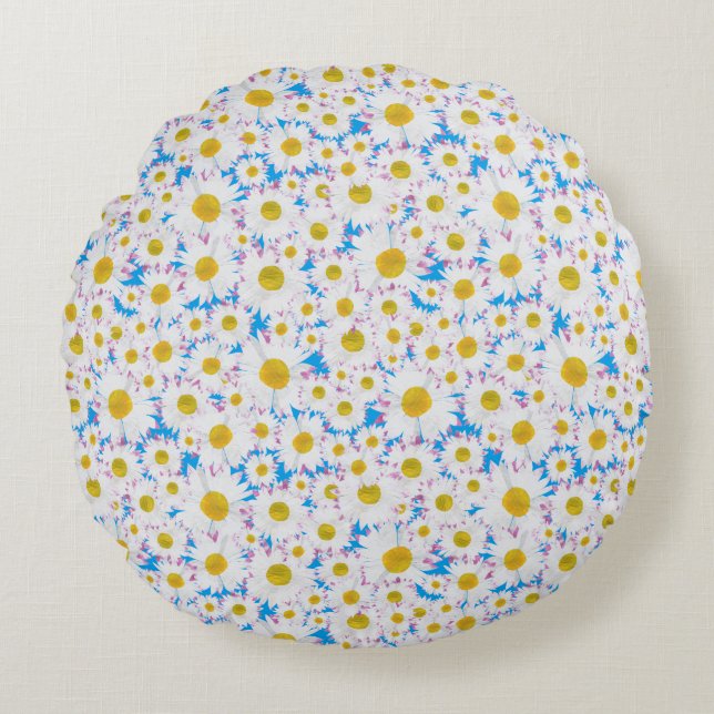 Coussins Ronds Marguerites blanches sur le bleu ciel (Devant)