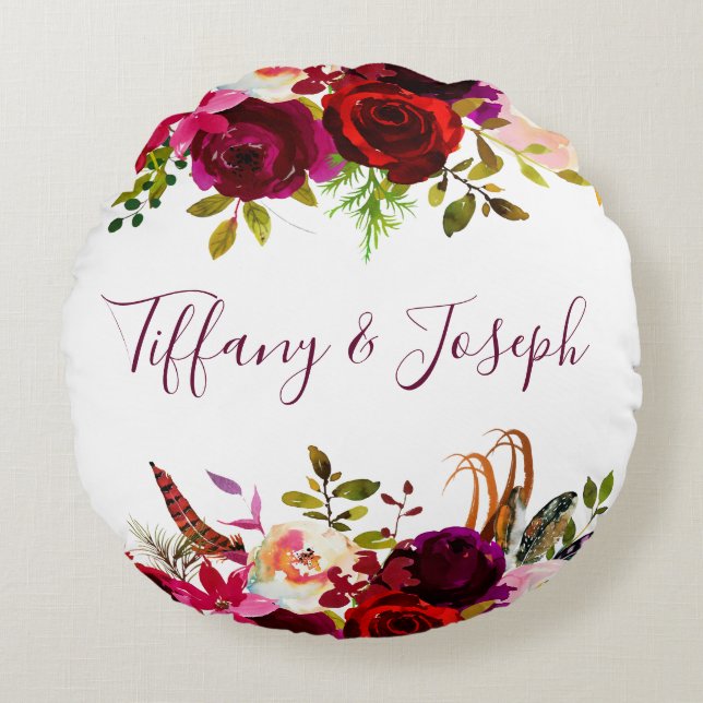Coussins Ronds Mariage d'aquarelle florale Rose de Bourgogne (Devant)