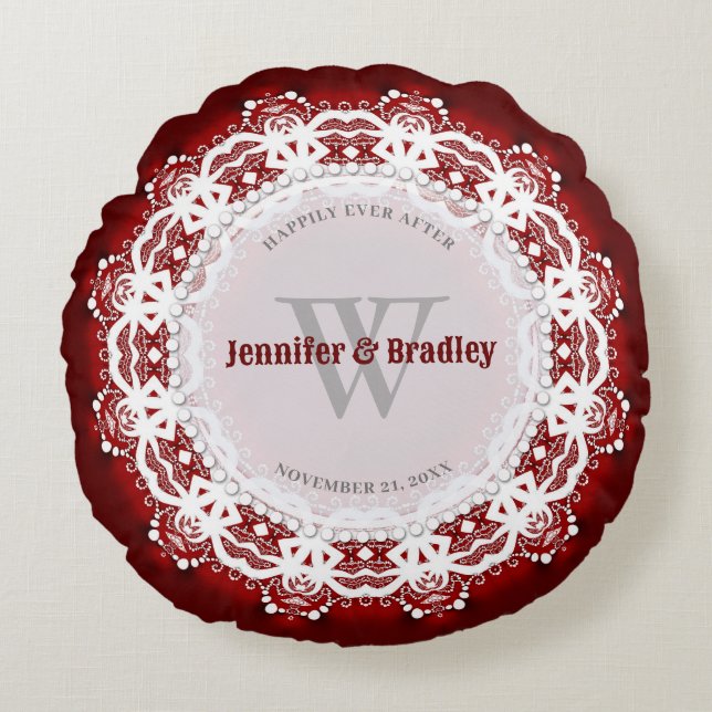 Coussins Ronds Mariage de dentelle rouge et blanc profond Keepsak (Devant)
