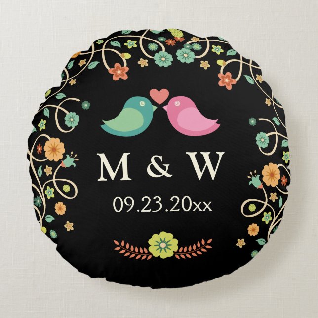Coussins Ronds Mariage élégant Monogramme Floral Inséparables Cou (Devant)