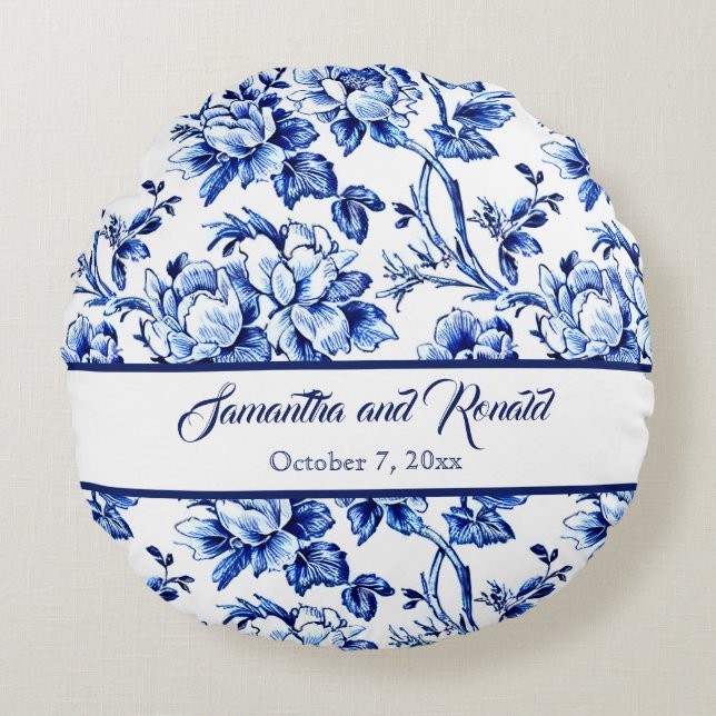 Coussins Ronds Mariage Toile Florale Bleue et Blanche (Devant)