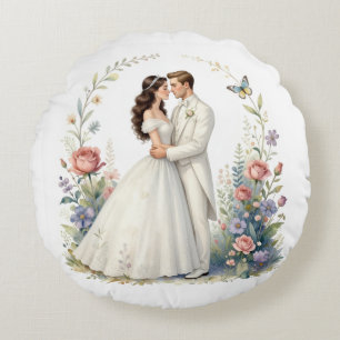 Coussins Ronds Mariés Romantiques Élégants Fleurs Couple de Maria