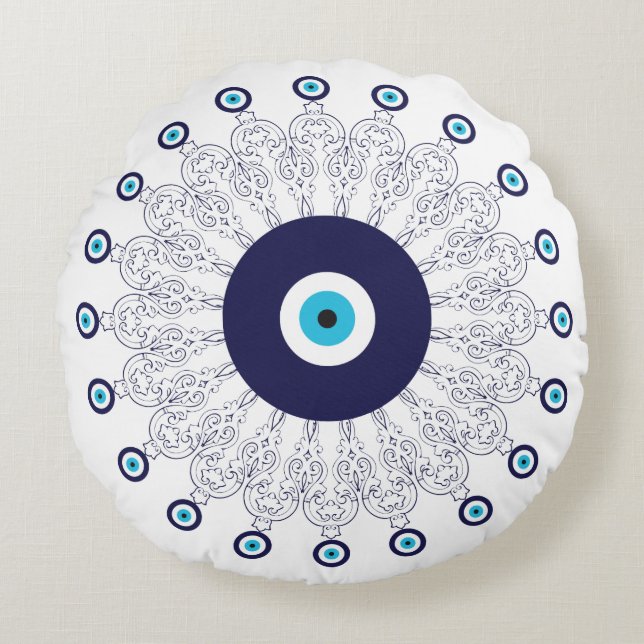 Coussins Ronds Marine Méditerranée Aqua Blue Lucky Eye Mandala (Devant)