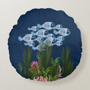 Coussins Ronds Marine Texté, Poisson, Corail Rose