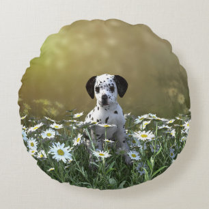 Coussins Ronds Marionnette dalmate mignonne dans les marguerites