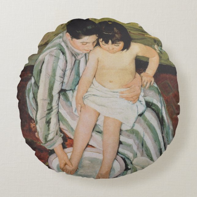 Coussins Ronds Mary Cassatt Peinture sur le bain de l'enfant (Devant)