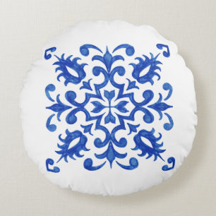 Coussins Ronds Médaillon central rond en carreau bleu portugais