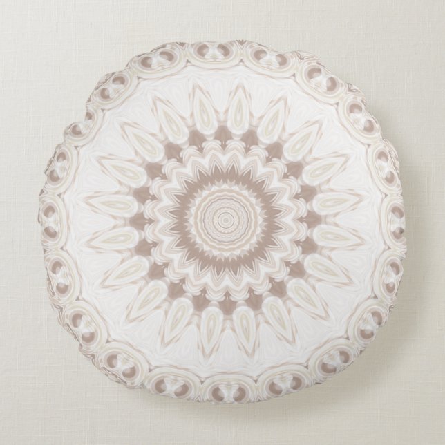 Coussins Ronds Médaillon Mandala en beige doux et blanc (Devant)