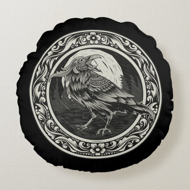 Coussins Ronds Médaillon Raven Cartographie Art Oiseau Nature (Devant)