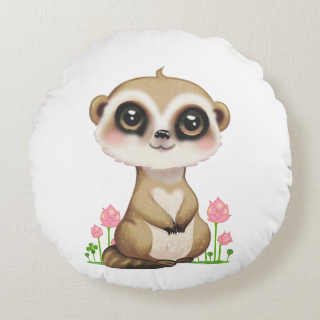 Coussins Ronds Meerkat mignonne et fleurs en blanc (Devant)