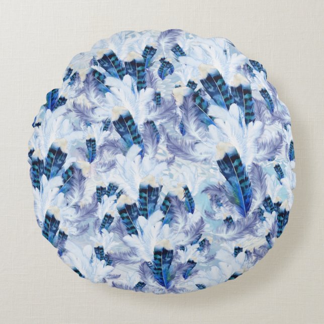 Coussins Ronds Mélange exotique Plumes d'oiseaux bleus Imprimer (Devant)