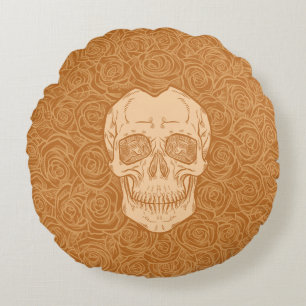 Coussins Ronds Memento Mori ! Crâne et Roses, main tirée