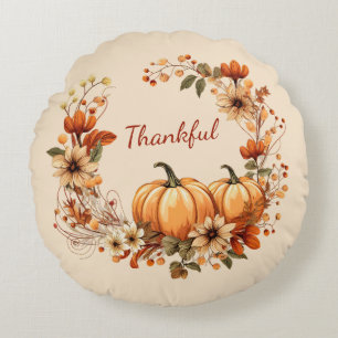 Coussins Ronds Merci Citrouille et fleurs d'automne Wreath