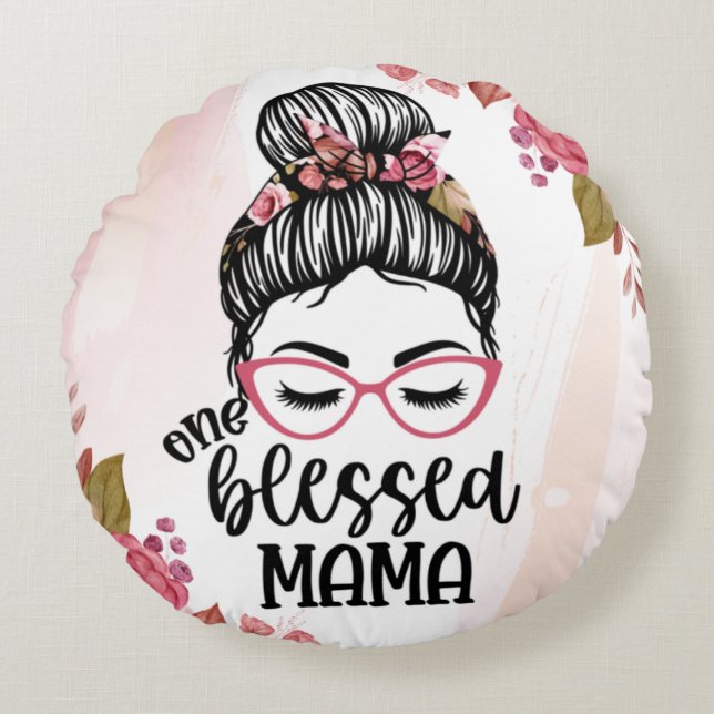 Coussins Ronds Messy Bun One Blessed Mama (Devant)