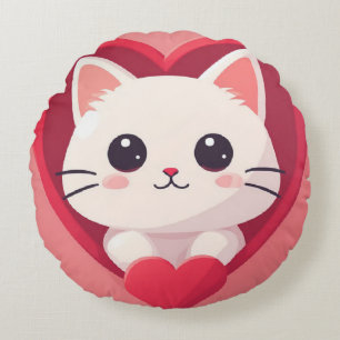 Coussins Ronds Mignon Chat Blanc avec Design Kawaii Kitty Love