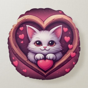 Coussins Ronds Mignon Chat Blanc avec Design Kawaii Kitty Love
