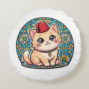 Coussins Ronds Mignon chat marocain Kawaii avec chapeau Fez Tarbo