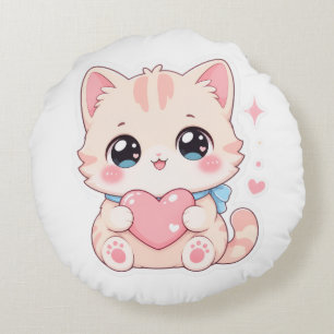 Coussins Ronds Mignon Kawaii Chat Rose Coeur Graphique Oreiller