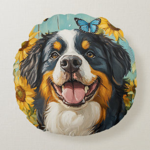 Coussins Ronds Mignonne Chien Peinture Tournesols Rustiques Papil