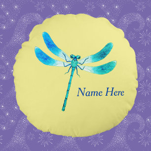 Coussins Ronds Mignonne comme Bleu Boeuf Dragonfly vert sur Jaune