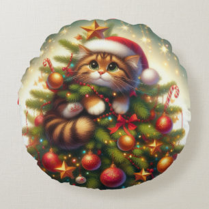 Coussins Ronds Mignonne, malicieuse chatte dans le sapin de Noël