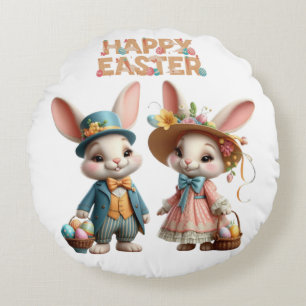 Coussins Ronds Mignonne, Whimsical Joyeuse Pâques avec 2 lapins