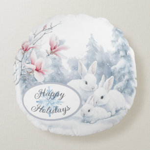 Coussins Ronds Mignons lapins blancs en vacances d'hiver neige