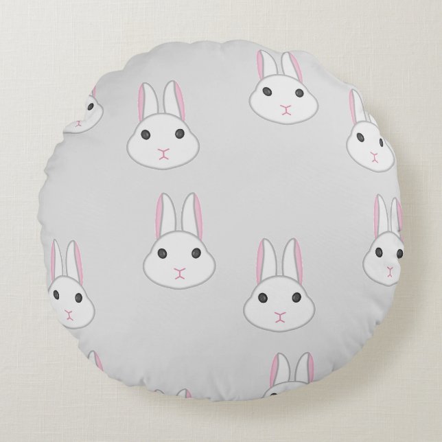 Coussins Ronds Mignons lapins blancs sur gris (Devant)