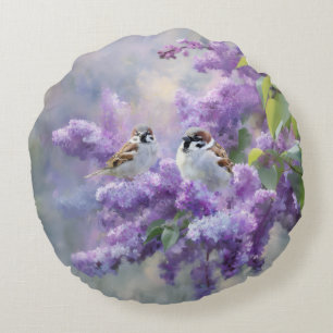 Coussins Ronds Mignons moineaux dans un oreiller rond lilas