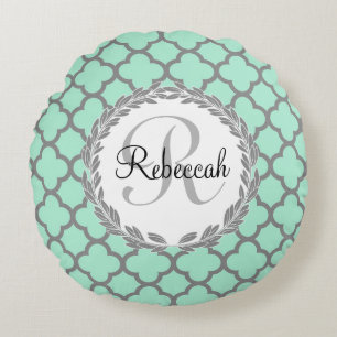 Coussins Ronds Mint Green Grey Quatrefoil Nom Monogramme Laurel