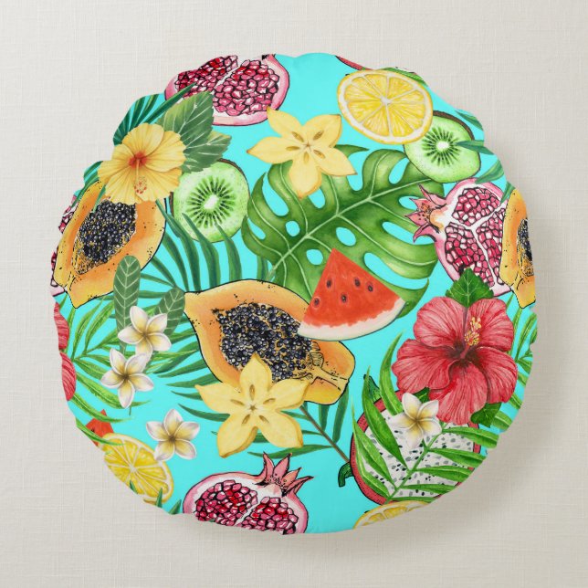 Coussins Ronds Mix-fruit tropical, fleurs et feuilles en bleu (Devant)