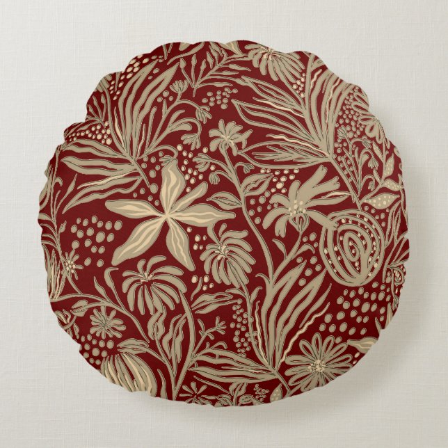 Coussins Ronds Modèle floral laqué or sur rouge profond (Devant)