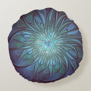 Coussins Ronds Moderne Abstrait tendance Fleur bleue Fractal Art
