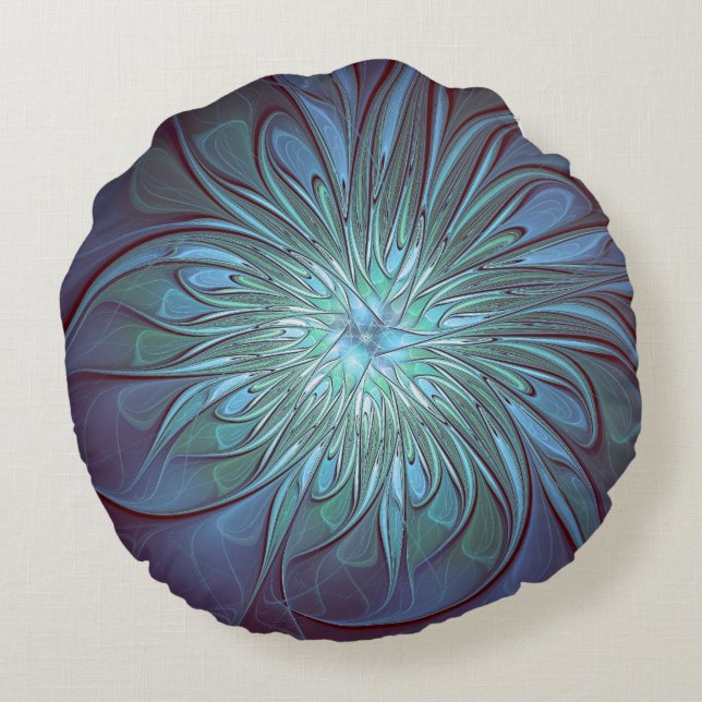 Coussins Ronds Moderne Abstrait tendance Fleur bleue Fractal Art (Dos)
