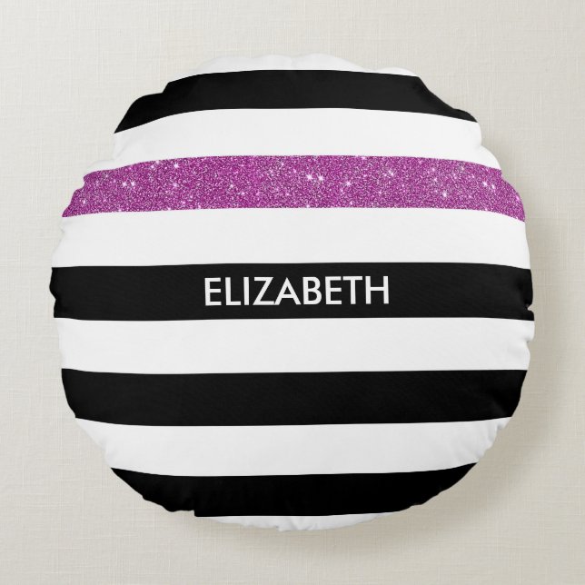 Coussins Ronds Moderne Black Stripes FAUX Purple Glitz et nom (Devant)
