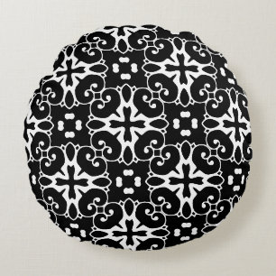 Coussins Ronds Moderne noir et blanc damas Graphisme floral