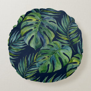 Coussins Ronds Moku Island Aquarelle Hawaïenne Monstera - Navy