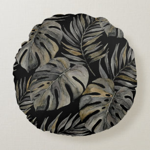 Coussins Ronds Moku Island Aquarelle Hawaïenne Monstera - Noir