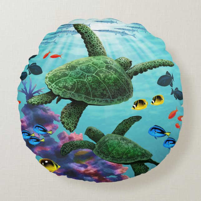 Coussins Ronds Molokini Cove Tortues de mer hawaïennes réversible (Devant)