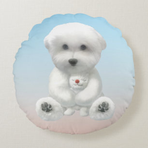 Coussins Ronds Moment Douillet en Peluche : Bichon Sourire Enlaca
