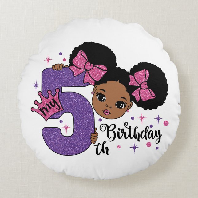 Coussins Ronds Mon 5e anniversaire Black Girl Parties scintillant (Devant)