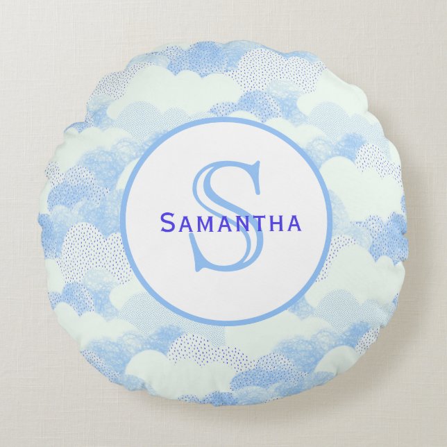 Coussins Ronds Mongramme de nuages Abstraits bleus et blancs text (Devant)