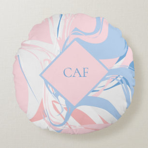 Coussins Ronds Monogram Blue White Pink Marble Swirl