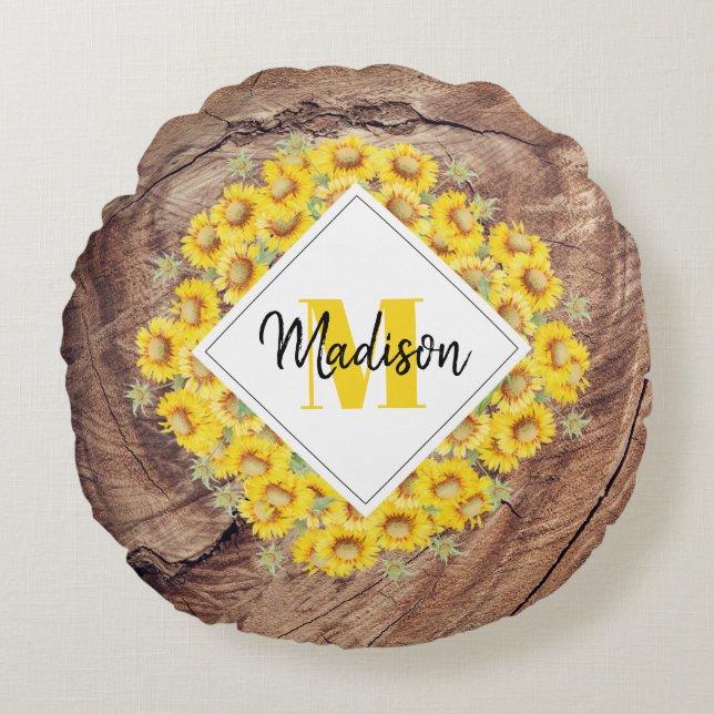 Coussins Ronds Monogram de Rustic Sunflowers & Wood Texture (Devant)