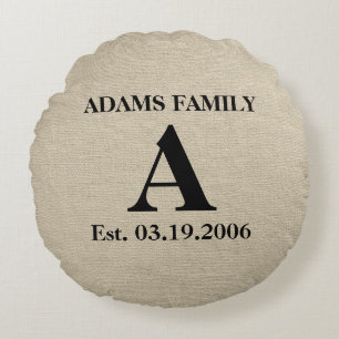 Coussins Ronds Monogram faux lin burlap rustique chic tout de sui
