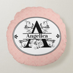 Coussins Ronds Monogramme A avec petit fond motif rose clair